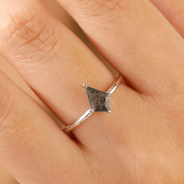 Solitaire 6x9mm Kite Cut Galaxy Raw Salt Pepper Herkimer Diamond Statement Ring