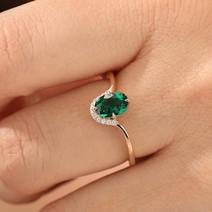Antique Half Halo Ring 1CT Oval 5x7mm Emerald Engagement Ring, Unique Handmade Emerald May Birthstone Anniversary Ring Gift Emerald Jewelry