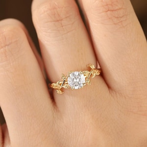 Lab Grown Diamond Vintage Leaf Vine Round Engagement Ring Flower Ring Solid 14K Rose Gold Ring Art Deco Nature Inspired branch Weeding Ring