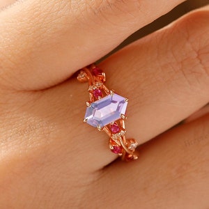 Rose Gold Vintage HexagonCut 5x9mm Real Lavender Amethyst Wedding Ring Branch Style Handmade Amethyst Promise Engagement Ring Gift for Women