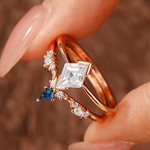 Moissanite Diamond Engagement Set Vintage Rhombus Cut 6x8mm Moissanite Diamond Bridal Sets Rose Gold Wedding Ring Set Elegant Solitaire Ring