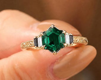Vintage Hexagon Cut Emerald Engagement Women Solid 14k Gold Filigree May Birthstone Promise Ring