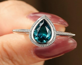 Solid Gold Solitaire 6x9mm Pear Cut Teal Sapphire Bridal Ring Womens Milgrain Wedding Gift