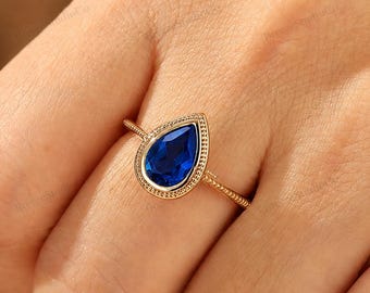 Pear Cut Blue Sapphire Solitaire Ring Solid Gold Milgrain Promise Anniversary Fine Jewelry Gift