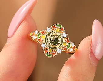 Yellow Gold Filigree Moissanite Promise Ring Vintage Green Enamel Statement Ring Anniversary Gift