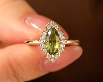 Natural Peridot Jewelry Marquise Cut August Birthstone Anniversary Ring Gift For Her Solid Gold