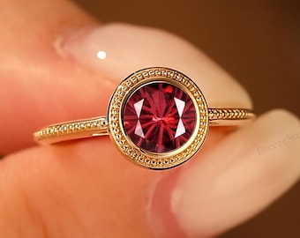 Antique Filigree Fireworks Cut Natural Red Garnet Birthstone Wedding Anniversary Rings Solid Gold