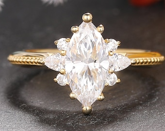 Moissanite Ring, Marquise Cut 5x10mm Moissanite Diamond Engagement Ring, Prong Set Accents Moissanite Ring, Art Deco Ring,Milgrain Gold Ring