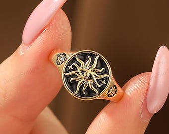 Unisex Balck Enamel Star Vintage Celestial Gold Jewelry Promise Ring, Unique Bridal Christmas Gift