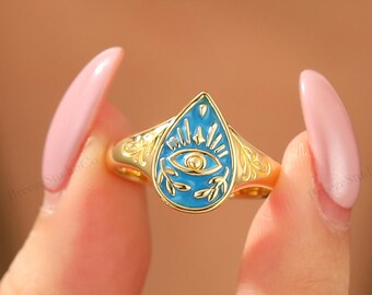 Vintage Branch Unisex Blue Enamel Promise Ring Yellow Gold Womens Men Engagement Statement Ring