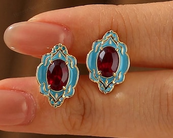 Ruby Stud Earrings For Women Filigree Studs Antique Dainty Earrings Unique Floral Stud Minimalist Jewelry