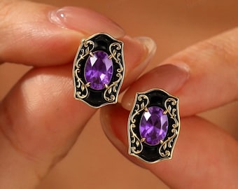 Filigree Black Enamel Oval Natural Amethsyt Gemstone Earrings Art Deco Stud Earrings Valentins Gift