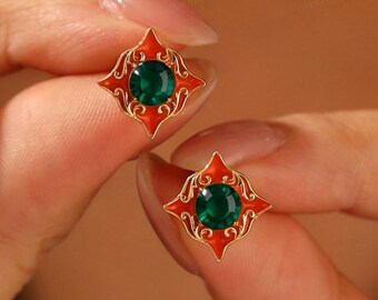 Unique Filigree Orange Enamel Green Emerald May Birthstone Stud Earrings Gold Womens Jewelry