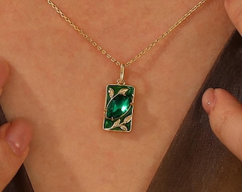 Marquise Cut Green Emerald Necklace Rose Gold Leaf Floral May Birthstone Anniversary Gift Women