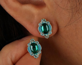 Emerald Earring Filigree Minimalist Oval Shaped May Birthstone Green Gemstone Earrings Gifts for Her