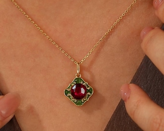 Ruby Filigree Pendant Antique Wedding Necklace Women Statement Ruby July Birthstone Chain For Her