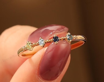 Solid Gold Custom 4 Family Birthstone Ring, Stackable Wedding Band, Personalized Gift