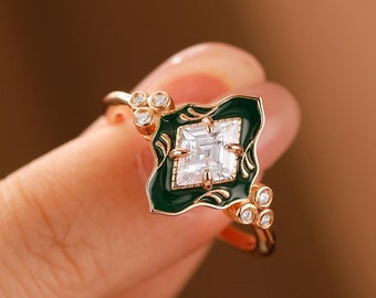 Retro Rhombus Moissanite Engagement Ring, Rose Gold Handmade Anniversary Ring