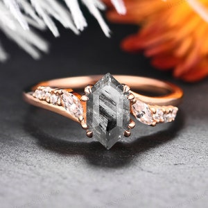 Elongated Hexagon 1CT Salt &Pepper Diamond Engagement Ring Double Prongs Cluster Diamond Marquise Round Diamond Tapered Band Wedding Ring