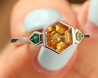 Vintage Hexagon Cut Citrine Engagement Ring November Birthstone Wedding Anniversary Ring Gift