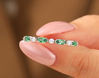 Alternating Marquise Emerald Eternity Band Solid 14k Gold Green Gemstone Infinity Wedding Ring