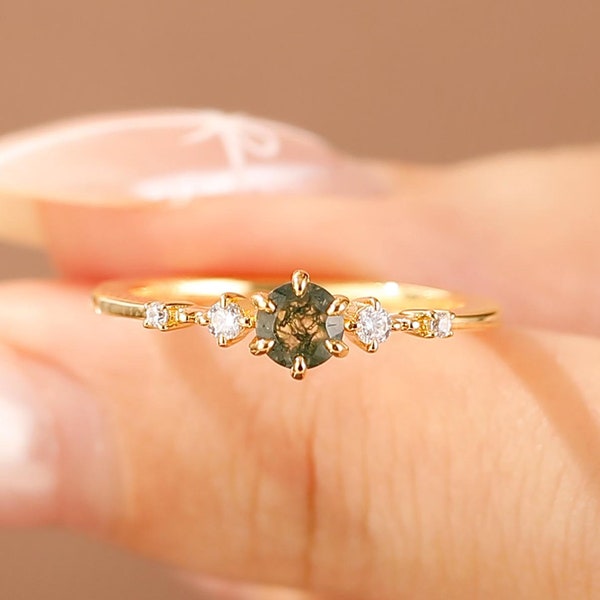 Danity 4mm Moss Agate engagement ring round bridal ring for women Natural gemstone  Jewelry
