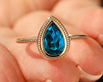 Natural Blue Topaz Ring Milgrain Solitaire Engagement Promise Ring Solid Gold Nov Birthstone Gift