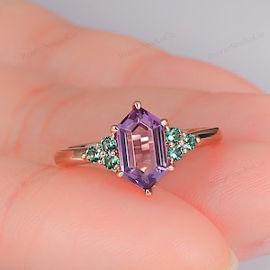 Hexagon Amethyst Rings, Natural Moss Aagte Ring, Alexandrite Ring, Emerald Engagement Rings, Art Deco 1CT Elongated Hexagon Amethyst Ring