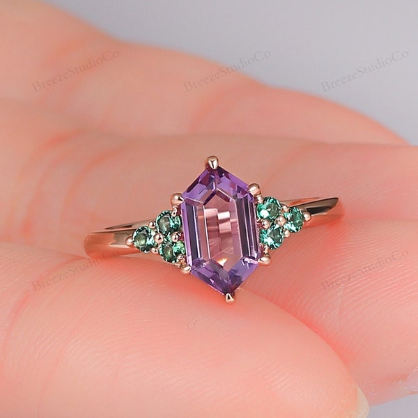 Hexagon Amethyst Rings, Natural Moss Aagte Ring, Alexandrite Ring, Emerald Engagement Rings, Art Deco 1CT Elongated Hexagon Amethyst Ring