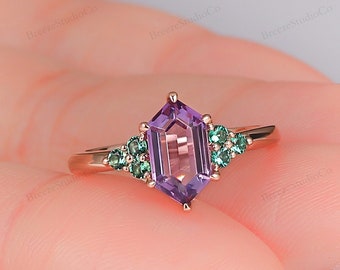 Hexagon Amethyst Rings, Natural Moss Aagte Ring, Alexandrite Ring, Emerald Engagement Rings, Art Deco 1CT Elongated Hexagon Amethyst Ring