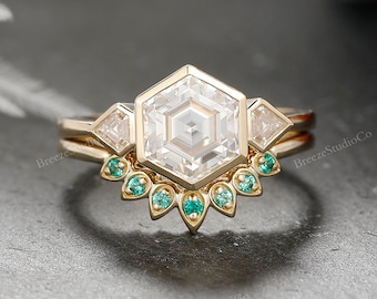 2pcs ring set solid gold Moissanite hexagon cut wedding ring bezel emerald curved wedding band bridal set matching ring silver kite ring