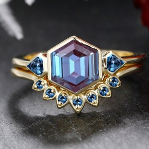 Hexagon cut Alexandrite engagement ring set gemstone ring rose gold silver bezel setting ring June birthstone bridal wedding ring set women
