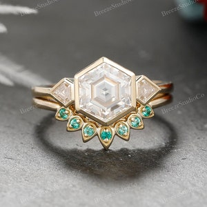 2pcs ring set solid gold Moissanite hexagon cut wedding ring bezel emerald curved wedding band bridal set matching ring silver kite ring