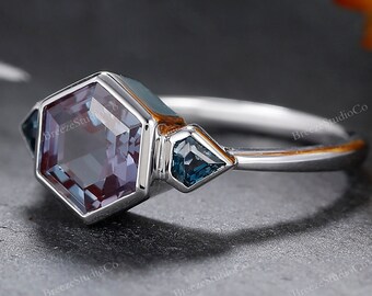 Hexagon Alexandrite Triple Stone Solid Gold Wedding Ring – Bezel Engagement Promise