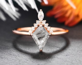 Galaxy Raw Salt & Pepper Diamond 1.35CT Kite Wedding Ring Geometric Diamond Promise Ring Sterling Silver Engagement Ring Unique Bridal Ring