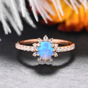Vintage Opal Ring, Half Eternity Wedding Ring, Custom Bridal Ring, Round 6mm Blue Opal Engagement Ring, Art Deco Ring, Anniversary Gift