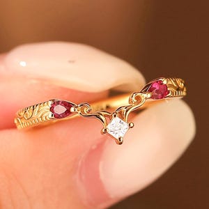 Vintage Solid Gold Filigree Ruby Wedding Band Pear Shaped Ruby Engrave Stackable Matching Rings For Women Tiara Ring Band Valentines Gift