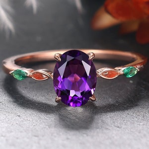 Unique Cluster Promise Ring For Her Gold Art Deco Leaf Vine Gemstone Branch Nature Inspired Ring Vintage Oval Amethyst Engagement Ring