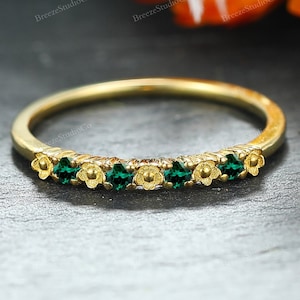 Floral Emerald Jewelry Stacking Band 10K Solid Gold Five Round Green Gemstone Engagement Ring Tiny Nature Inspired Promise Ring Flower Ring