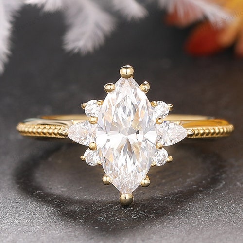 Moissanite Marquise Engagement Ring Diamond Halo Wedding Set - Etsy