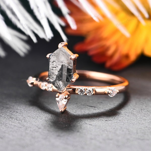 Designer Elongated Hexagon Cut 1CT Salt Pepper Diamond Statement Ring Six Prongs Cluster Round Pear Diamond Wedding Ring Sterling Silver 925