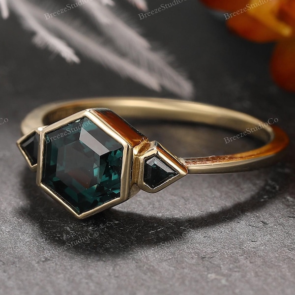 Hexagon Aquamarin Saphir Dreifach Edelstein Familie Ring Solid Gold Lünette Verlobungsring