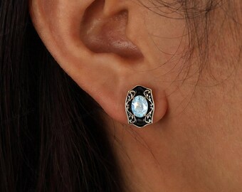 Mrache Birthstoen Aquamarine Earrings Yellow Gold Filigree Black Enamel Oval Stud Earrings Valentins Gift