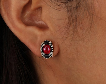 July Birthstone Oval Red Ruby Stud Earrings Vintage Filigree Black Enamel Gemstone Birthday Gift