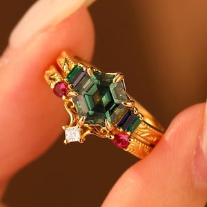 Hexagon cut Teal sapphire bridal set vintage green sapphire ring unique engagement ring rose gold silver ruby emerald sapphire wedding ring