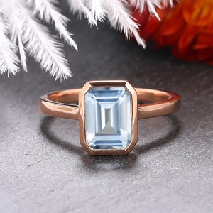 Blue Gemstone Wedding Ring, Aquamarine Rings, Bezel Emerald Shape Natural Aquamarine Ring, Anniversary Birthday Gift Rings, Plain Band Rings