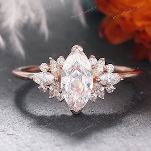 Cluster Marquise Moissanite Diamond Event Ring Diamond Wedding Proposal Ring Solid Rose Gold Womens Ring Gift for her Delicate Gold Ring