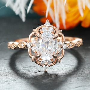 Vintage 1.5CT Moissanite Ring 14K Yellow Gold Vermeil Engagement Promise Ring For Women Anniversary Birthday Gift Milgrain Cluster ring