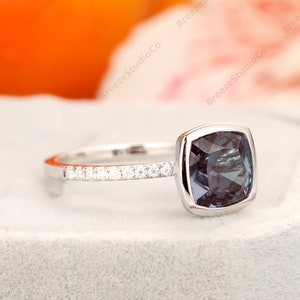 Bezel Set Half Eternity Alexandrite Ring, 14k Solid Rose Gold Gemstone Ring, 7mm Cushion Cut Alexandrite Engagement Ring, Anniversary Ring
