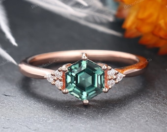 Vintage Teal Sapphire Engagement Ring Unique Hexagon Solid 14k Gold ring Blue Green Sapphire Ring Diamond Wedding Promise Ring Anniversary
